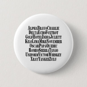 PHONETIC ALPHABET / CODE WORDS 6 CM ROUND BADGE