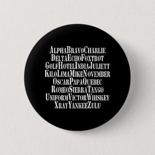 PHONETIC ALPHABET / CODE WORDS 6 CM ROUND BADGE