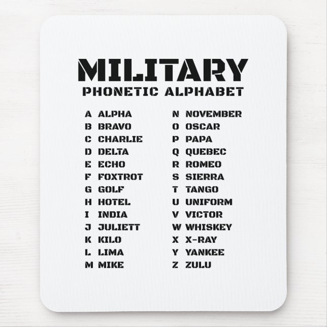 Phonetic Alphabet for the Military Mouse Mat (Front)
