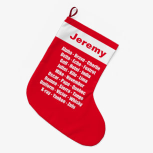 Phonetic Alphabet Novelty Red and White Large Christmas Stocking
