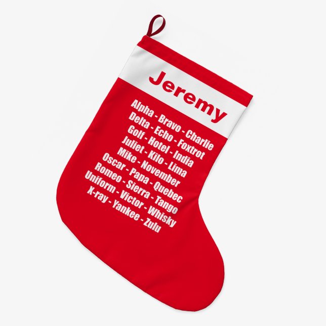 Phonetic Alphabet Novelty Red and White Large Christmas Stocking (Front (Hanging))