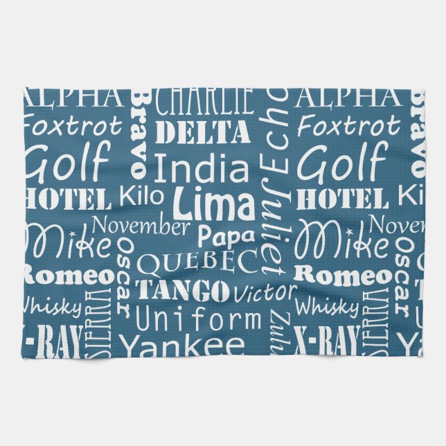 Phonetic Alphabet Pattern White on Nautical Blue Tea Towel (Horizontal)