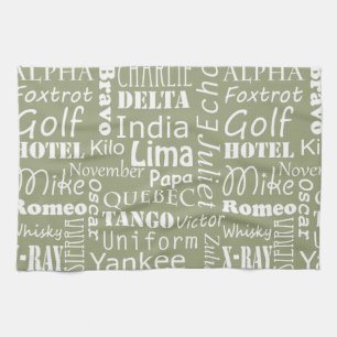 Phonetic Alphabet Pattern White on Sage Green Tea Towel