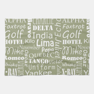 Phonetic Alphabet Pattern White on Sage Green Tea Towel