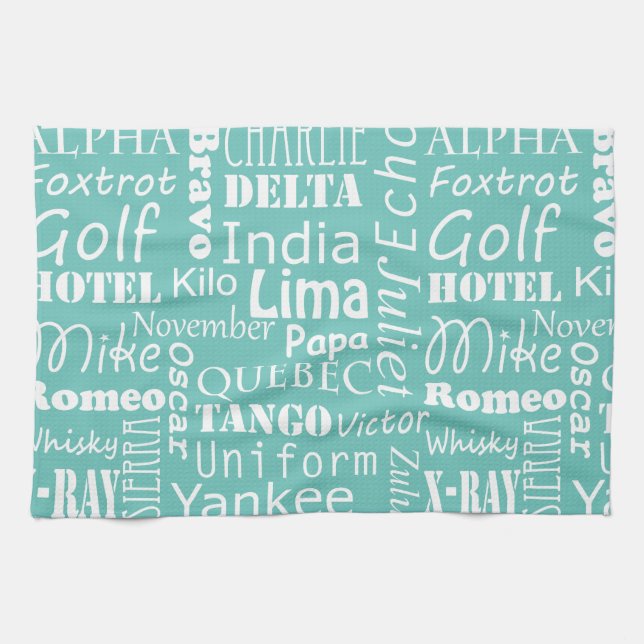 Phonetic Alphabet Phrases White on Aqua Blue Tea Towel (Horizontal)