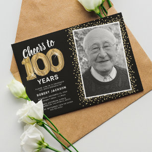 Photo 100th Birthday Gold Balloons Invitation