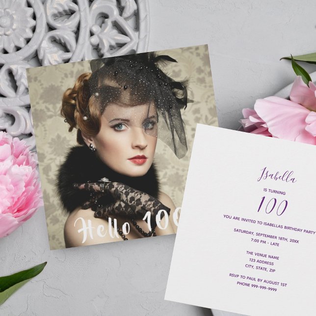 Photo 100th birthday party hello 100 invitation (Creator Uploaded)