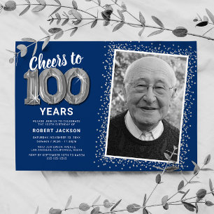 Photo 100th Birthday Silver Balloons Invitation
