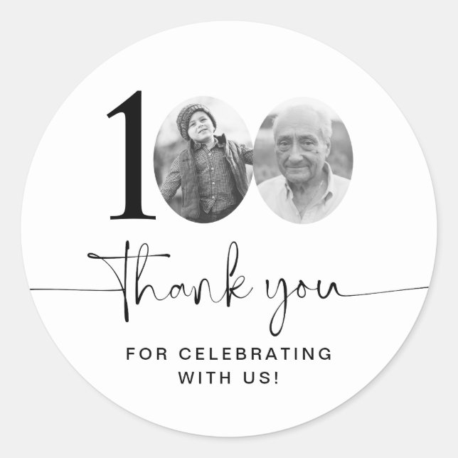 Photo 100th Birthday Thank You Classic Round Sticker (Front)