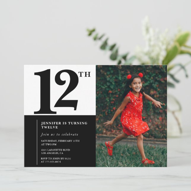 Photo 12th birthday invitations Elegant Chic (Standing Front)