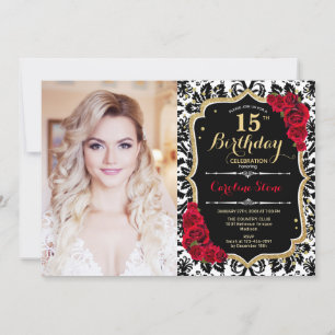 Photo 15th Birthday Party Red Gold Black Damask Invitation