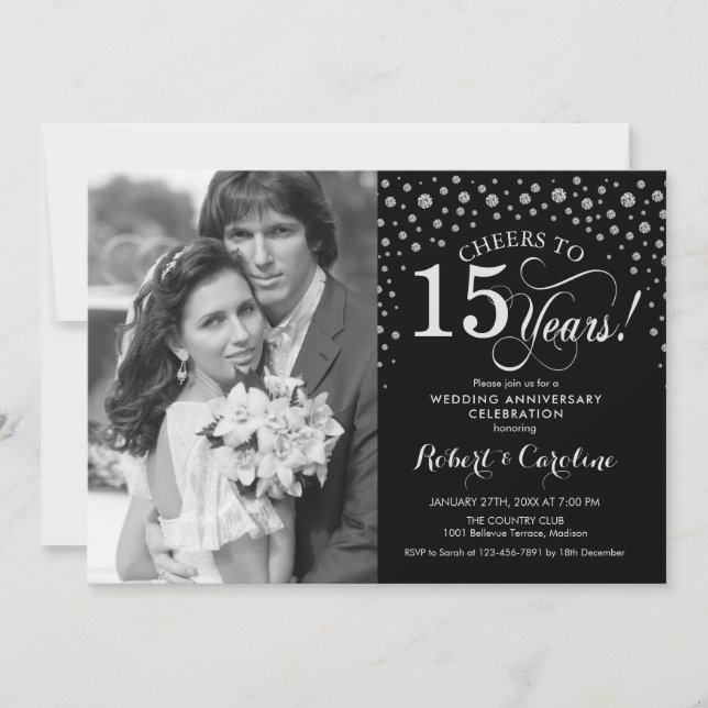 Photo 15th Wedding Anniversary - Silver Black Invitation (Front)