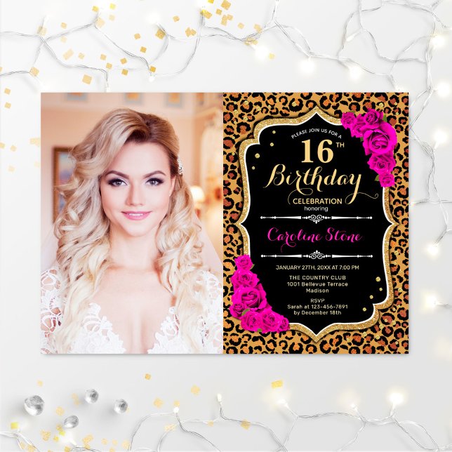 Photo 16th Birthday Party Pink Gold Leopard Print Invitation (Creator Uploaded)