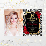 Photo 16th Birthday Party Red Gold Black Damask Invitation<br><div class="desc">16th birthday party invitation with your photo. Features damask,  script font,  red roses and confetti. Classy black white red design with faux glitter gold. Perfect for an elegant sweet sixteen bday celebration.</div>