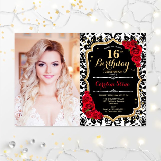Photo 16th Birthday Party Red Gold Black Damask Invitation (Creator Uploaded)