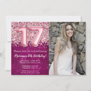 Photo 17th Girl Magenta Pink Birthday Invitation