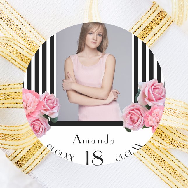 Photo 18th birthday black white stripes florals classic round sticker (Creator Uploaded)
