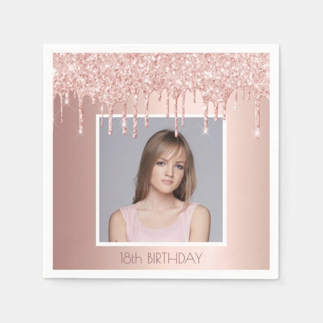 Photo 18th birthday party rose gold glitter glam napkin (Front)