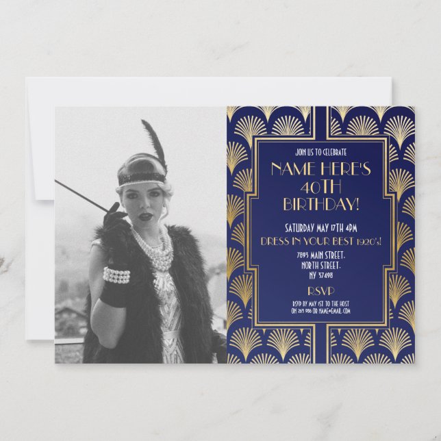 Photo 1920's Art Deco Birthday Gatsby Party Gold Invitation (Front)