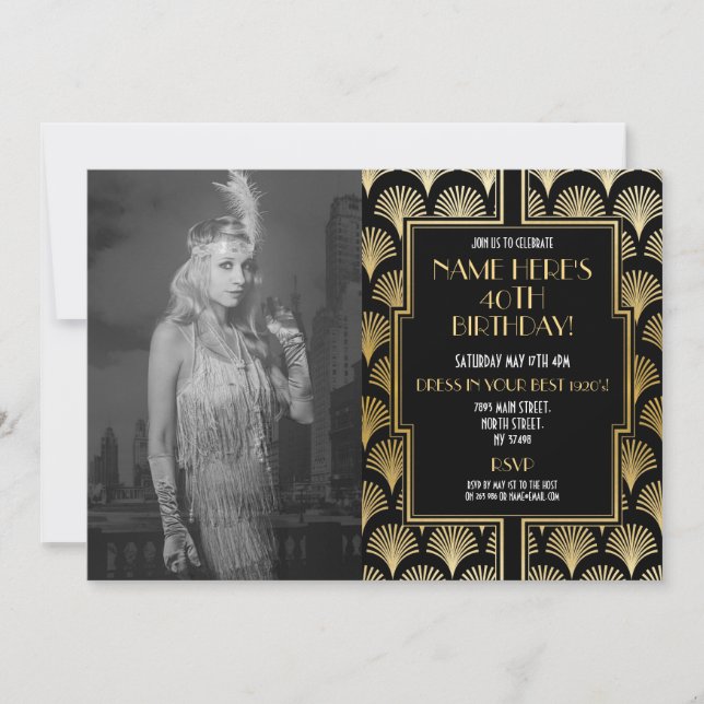 Photo 1920's Art Deco Birthday Gatsby Party Gold Invitation (Front)