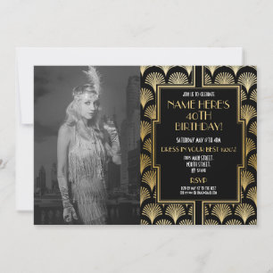 Photo 1920's Art Deco Birthday Gatsby Party Gold Invitation
