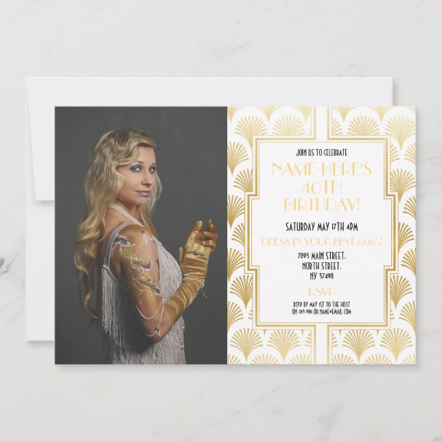Photo 1920's Birthday Party Gatsby Gold Art Deco Invitation (Front)