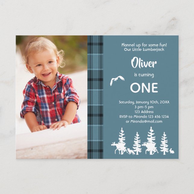 Photo 1st birthday blue lumberjack invitation postcard (Front)