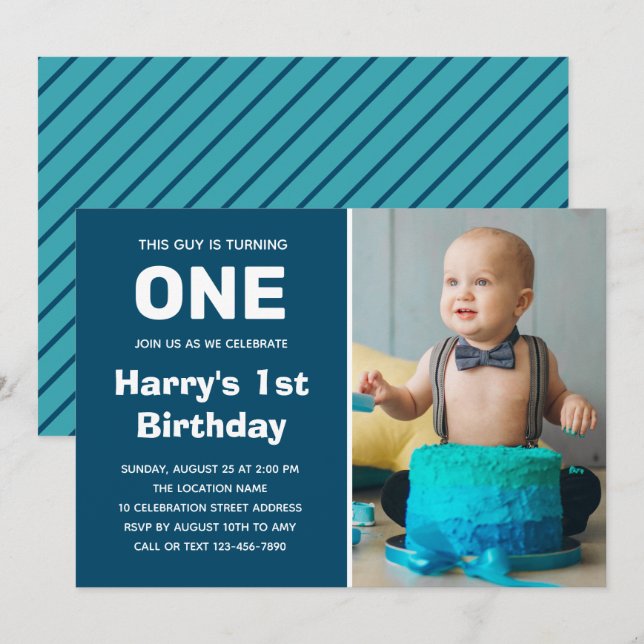 Photo 1st Birthday Invitation | Boy First Birthday (Front/Back)