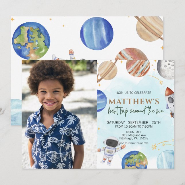 Photo 1st Birthday Party First Trip Around The Sun Invitation (Front/Back)