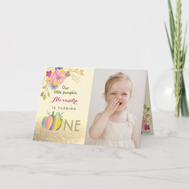 Photo 1st Birthday Pumpkin Pink and Gold Fall Invitation (Front)