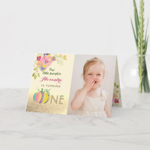 Photo 1st Birthday Pumpkin Pink and Gold Fall Invitation
