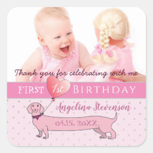Photo 1st Birthday Thank You Pink Square Sticker