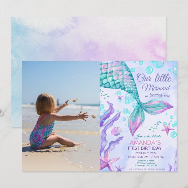 Photo 1st Birthday Under The Sea Mermaid Party Invitation (Front/Back)