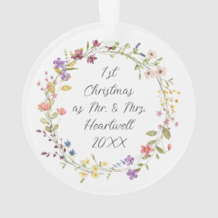 Photo 1st Christmas Married Wildflower Wreath Ornament