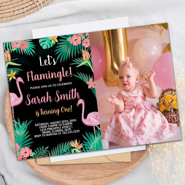 Photo 1st Pink Flamingo Birthday Invitations (Photo 1st Pink Flamingo Birthday Invitations)