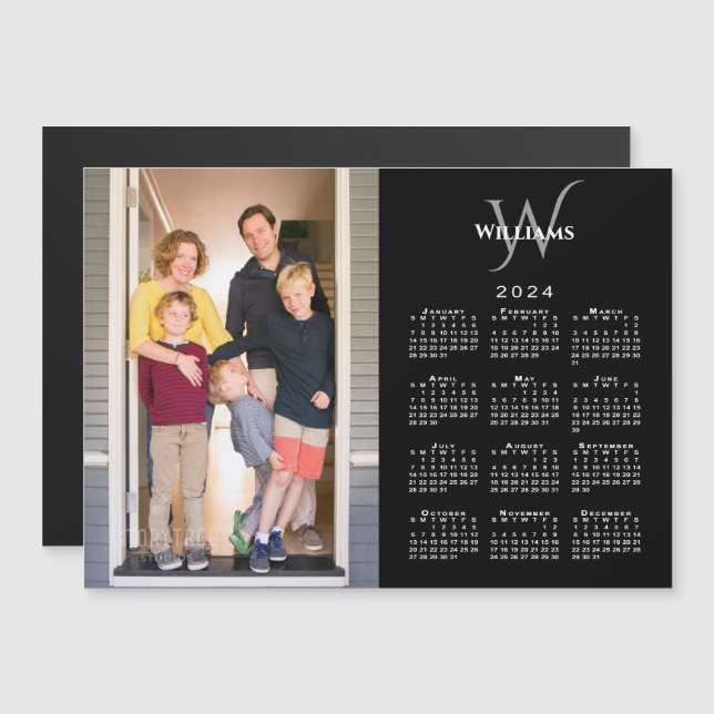 Photo 2024 Calendar Monogram Name Black Magnet (Front/Back)