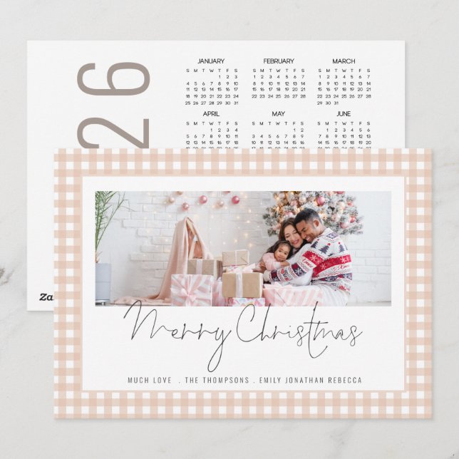 Photo 2026 Calendar cream Gingham Merry Christmas  Holiday Card (Front/Back)