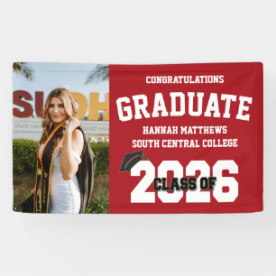 Photo 2026 Red Graduation Banner With Cap