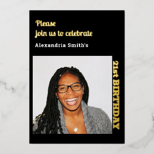 Photo 21st Birthday Black Gold Foil Invitation