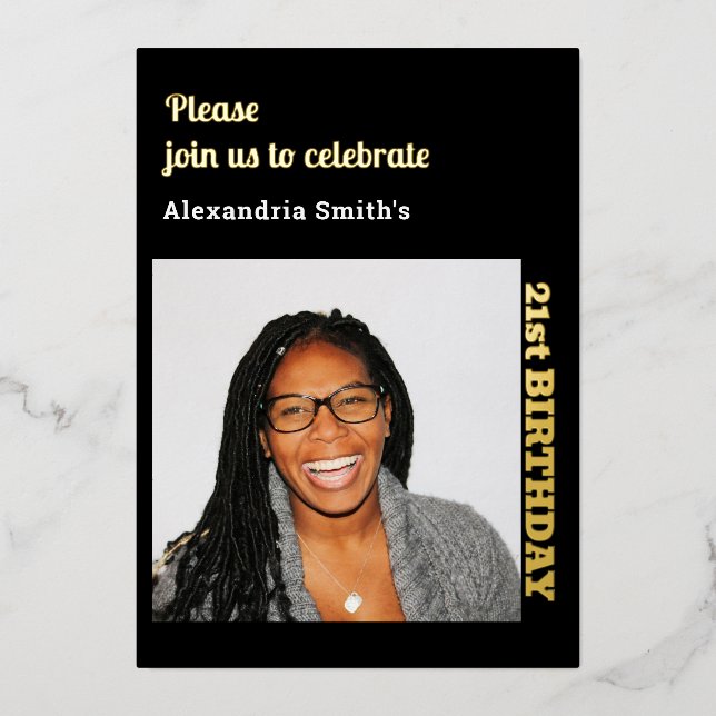 Photo 21st Birthday Black Gold Foil Invitation (Front)