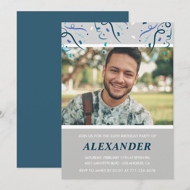Photo 24th birthday invitations him  Blue Confetti (Front/Back)