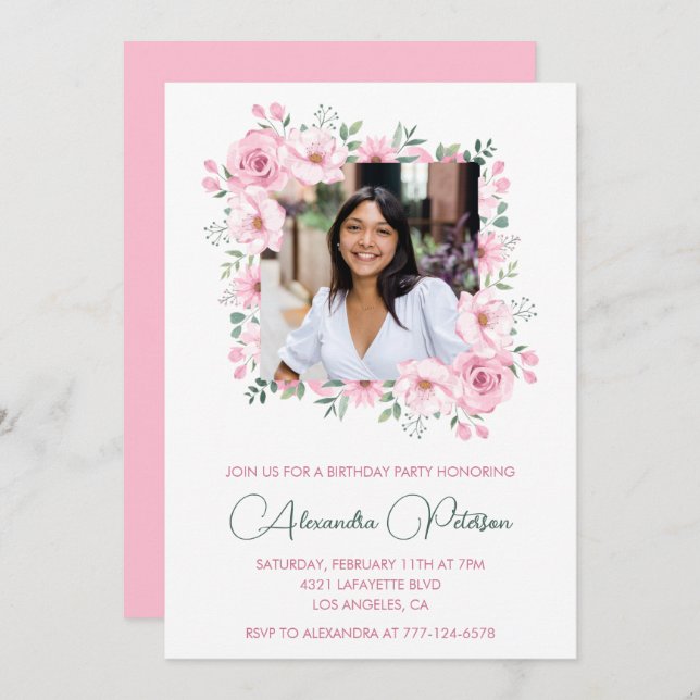 Photo 24th birthday invitations Pink Floral  (Front/Back)