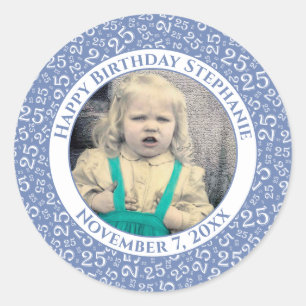 Photo 25th Random Number Pattern Blue/White Classic Round Sticker