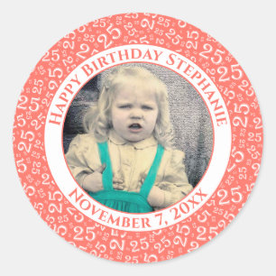 Photo 25th Random Number Pattern Coral/White Classic Round Sticker