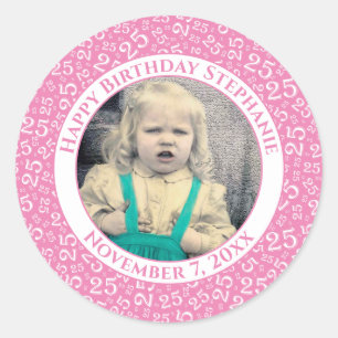 Photo 25th Random Number Pattern Pink/White Classic Round Sticker