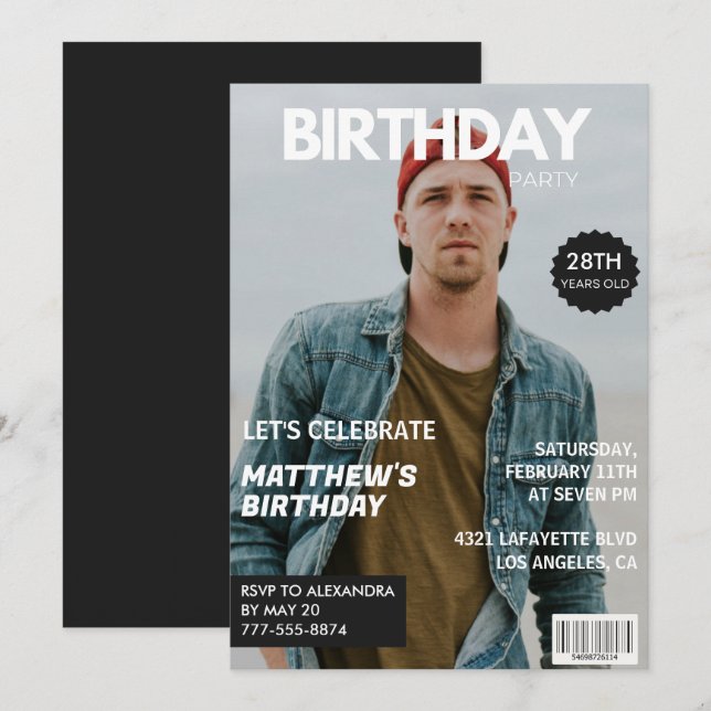 Photo 28th birthday invitations for him Magazine (Front/Back)