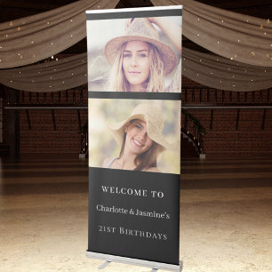 Photo 2 persons black white birthday welcome retractable banner