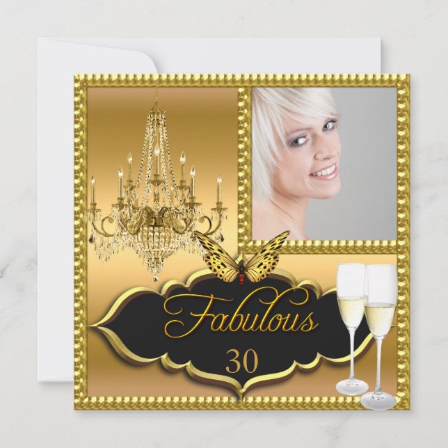 Photo 30th Birthday Party Elegant Gold Butterfly Invitation (Front)