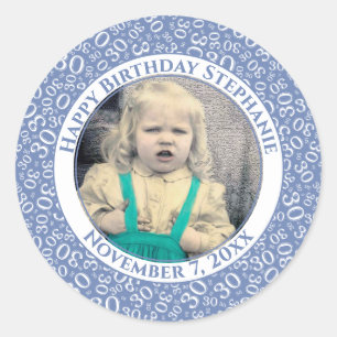 Photo 30th Random Number Pattern Blue/White Classic Round Sticker