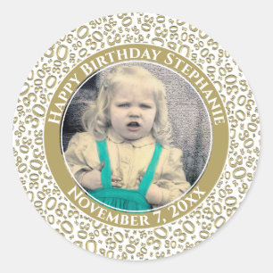 Photo 30th Random Number Pattern Gold/White Classic Round Sticker
